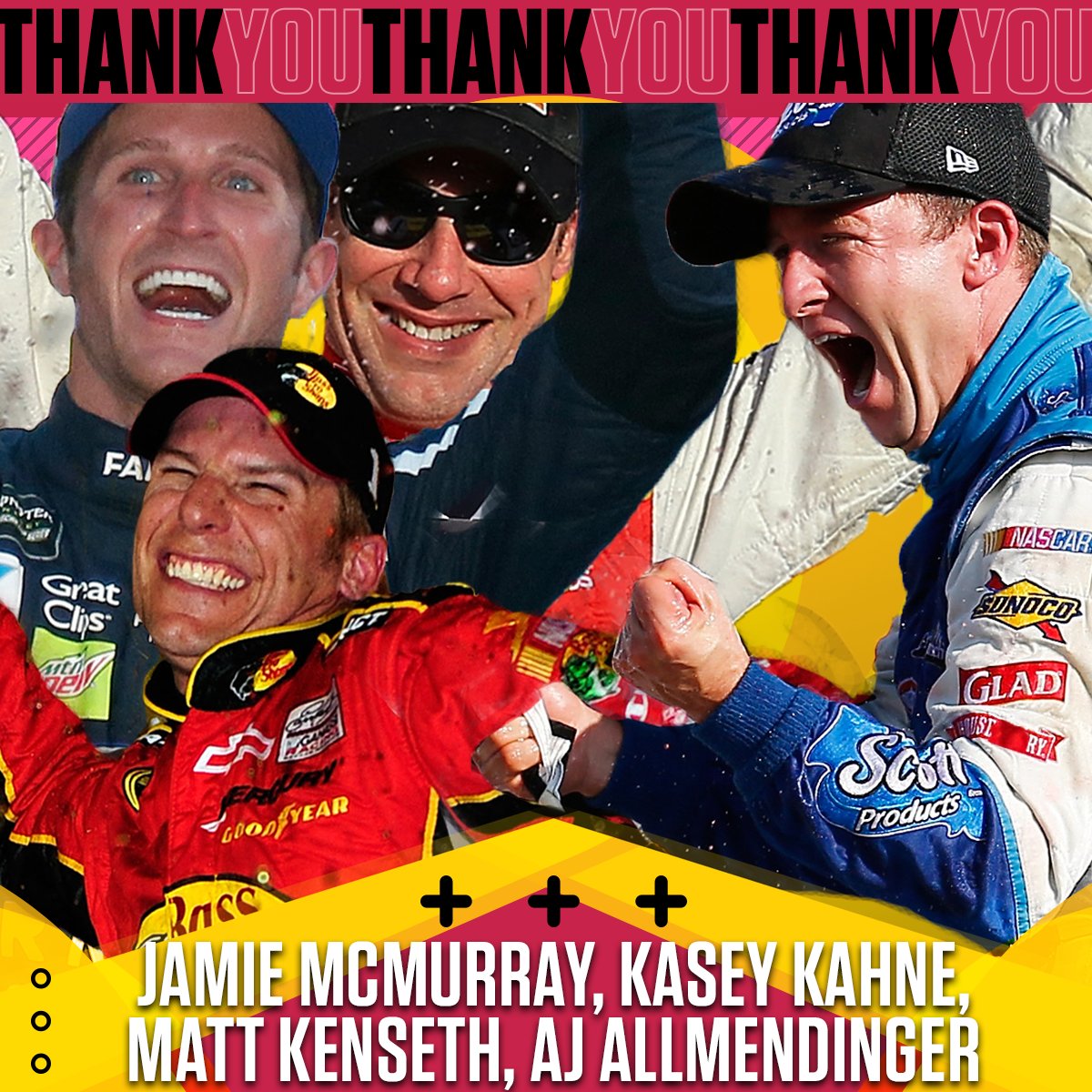 NASCARonUSA's tweet photo. After today, it could possibly be the last time we see these four drivers on the track in the @NASCAR Cup Series.

To Matt Kenseth, Kasey Kahne, Jamie McMurray, and AJ Allmendinger... thank you! https://t.co/rzjVZaDZqM