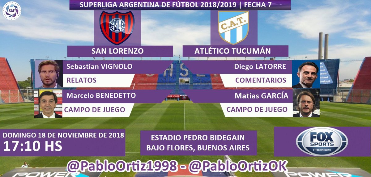 PabloOrtizOK's tweet photo. #SuperligaxFOX | #SanLorenzo vs. #AtléticoTucumán
Relata: @PolloVignolo | Comenta: @dflatorre
Campo de Juego: @m_benedetto y @chiquitogarcia
#Torneos
Dale RT https://t.co/5n2iRyOtuC