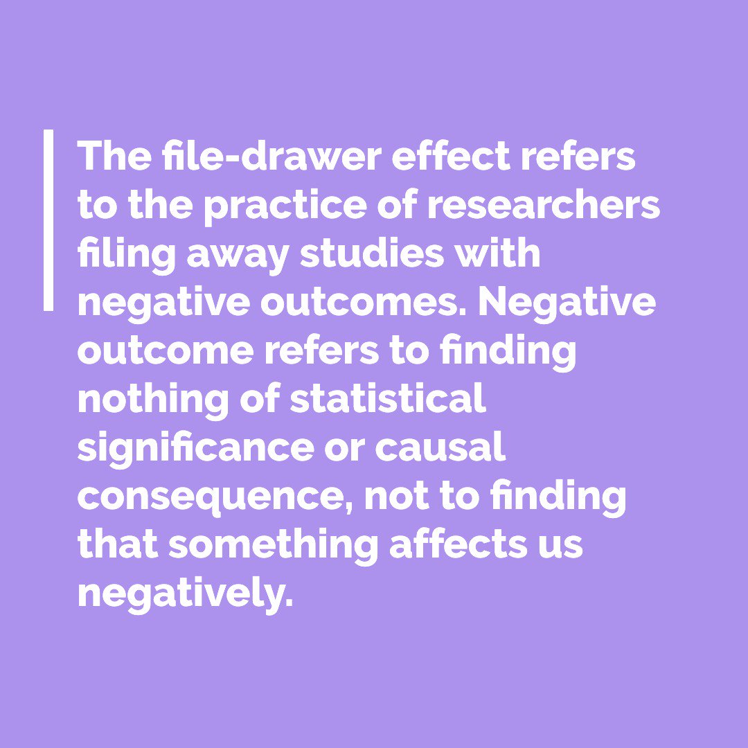 SearchUNIV's tweet image. The file-drawer effect refers to the practice of researchers filing away studies with negative outcomes. Negative outcome refers to finding nothing of statistical significance or causal consequence, not to finding that something affects us negatively. #nyit120 #crapdetection