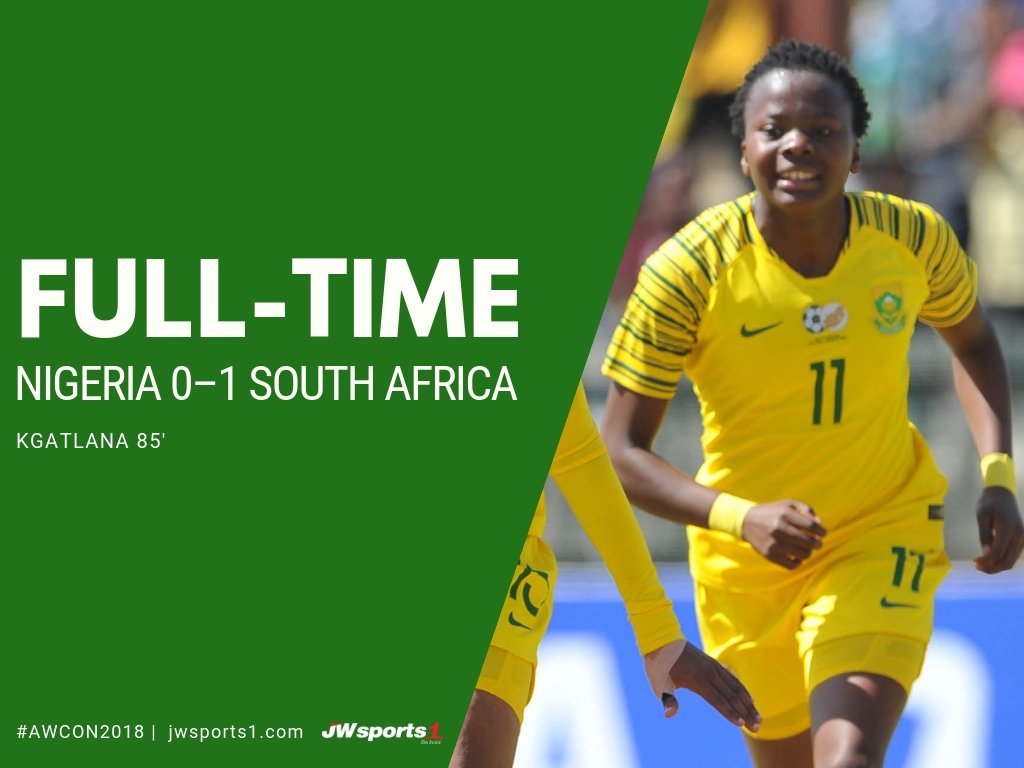 JWsports1's tweet photo. FULL-TIME: 🇳🇬Nigeria 0-1 South Africa 🇿🇦

✍️ The holders humbled. What a start by @Banyana_Banyana in their quest to book a maiden ticket to the @FIFAWWC what a start! 🔥

#AWCON2018 // #TotalAWCON18 // #SuperFalcons // #BanyanaBanyana https://t.co/epFa4iXfx6