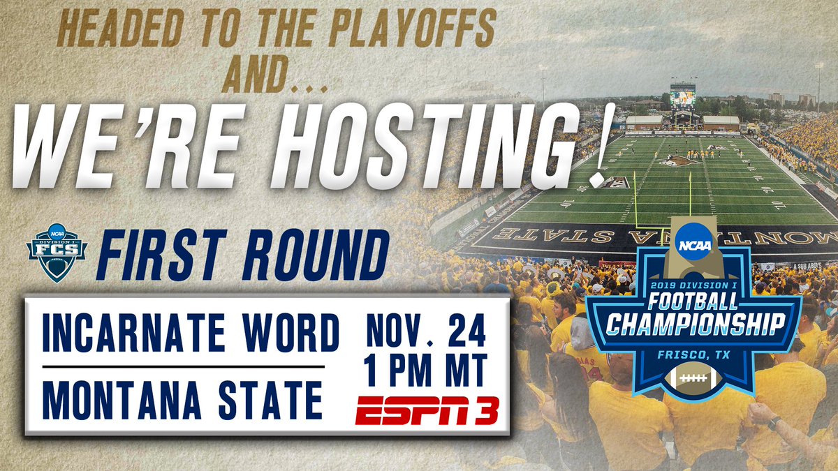 MSUBobcatsFB's tweet photo. It's Official. We're staying in Bozeman to start the 2018 #FCSPlayoffs this Saturday! #PTW #GoCatsGo https://t.co/aEwwzN4ZTq
