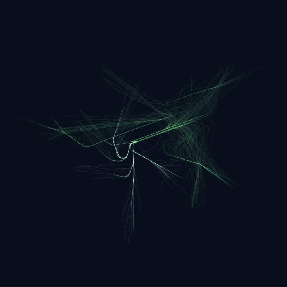 phil_osophie's tweet photo. Actually I wanted to penplot them but turns out they look super boring on paper and much better with transparency &amp; darker colors. So here are ~10h of takeoffs and landings at FRA,LHR,SFO &amp; CDG 🛫 🛬

Data from @OpenSkyNetwork rendered with #deckgl
#webgl #dataviz https://t.co/DKnm2FHD8O