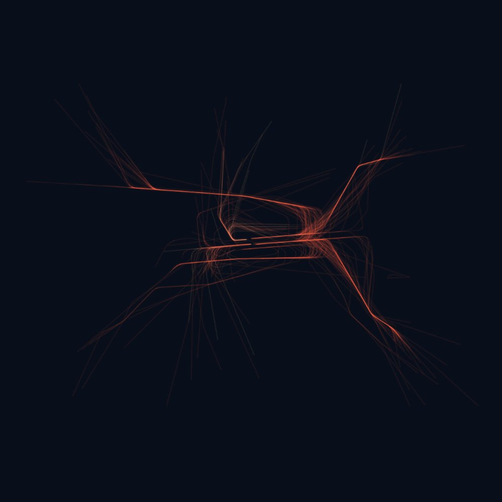 phil_osophie's tweet photo. Actually I wanted to penplot them but turns out they look super boring on paper and much better with transparency &amp; darker colors. So here are ~10h of takeoffs and landings at FRA,LHR,SFO &amp; CDG 🛫 🛬

Data from @OpenSkyNetwork rendered with #deckgl
#webgl #dataviz https://t.co/DKnm2FHD8O