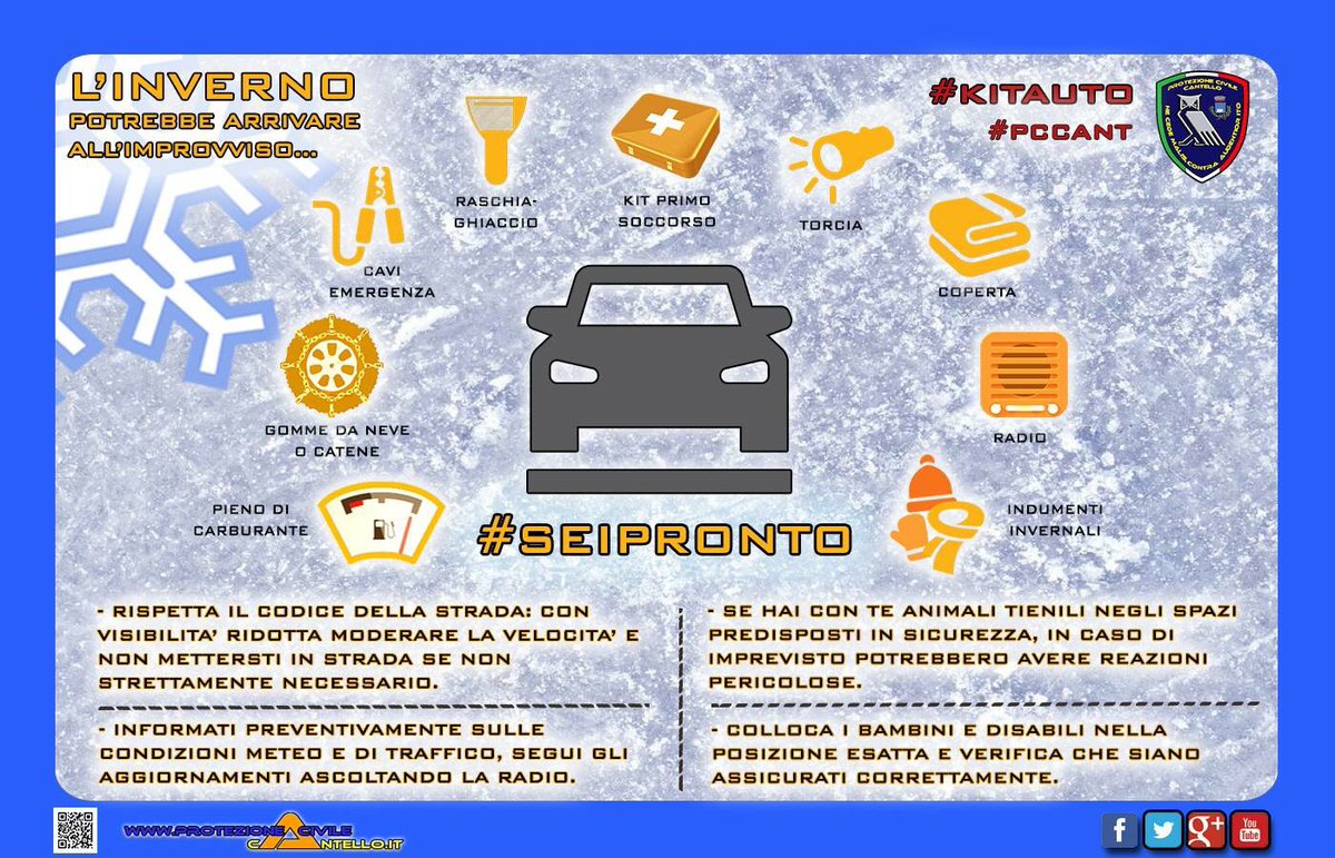PCCantello's tweet photo. 🔶#SEIPRONTO🔶 ???...In questa prima #infografica📊ci concentriamo sulla dotazione di #sicurezza che potrebbe tornare utile in caso di lunghe soste nel traffico causate dal maltempo invernale o nella normale circolazione stradale. Di seguito il #KITAUTO🚘⛑
 #PCCant. https://t.co/21wqkjXu4C