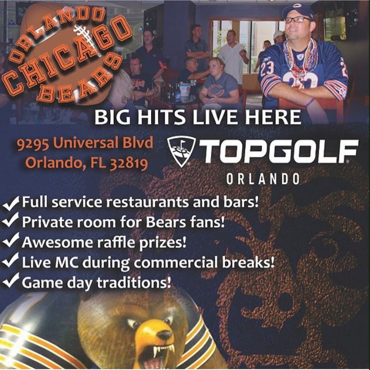 OrlChiBears's tweet photo. @TopgolfOrlando Chicago Bears Fans plan to #BringTheNoise for #BearDown game day party in the Lower Level Lounge and Outside Patio Starting at 7pm
#OrlChiBears #BigHitsLiveHere #Orlando #Chicago #ChicagoBears #BearsNation #DaBears #MonstersOfTheMidway #TopGolf #TopGolfOrlando https://t.co/lj5eUFCs6F