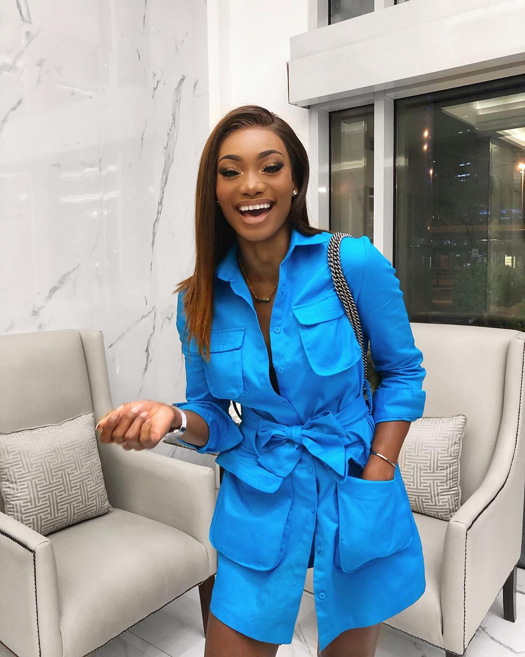 Blue utility shirt dress hot sale