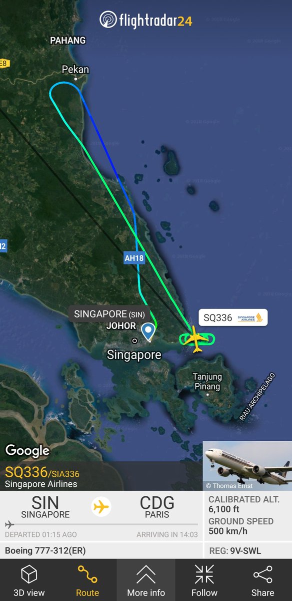 FlightIntl's tweet photo. Update: Singapore Airlines flight #SQ336 to Paris (CDG) is returning to Singapore and is currently holding east of the airport 
https://t.co/tEFNSuPzuQ https://t.co/dMd1rphXmX