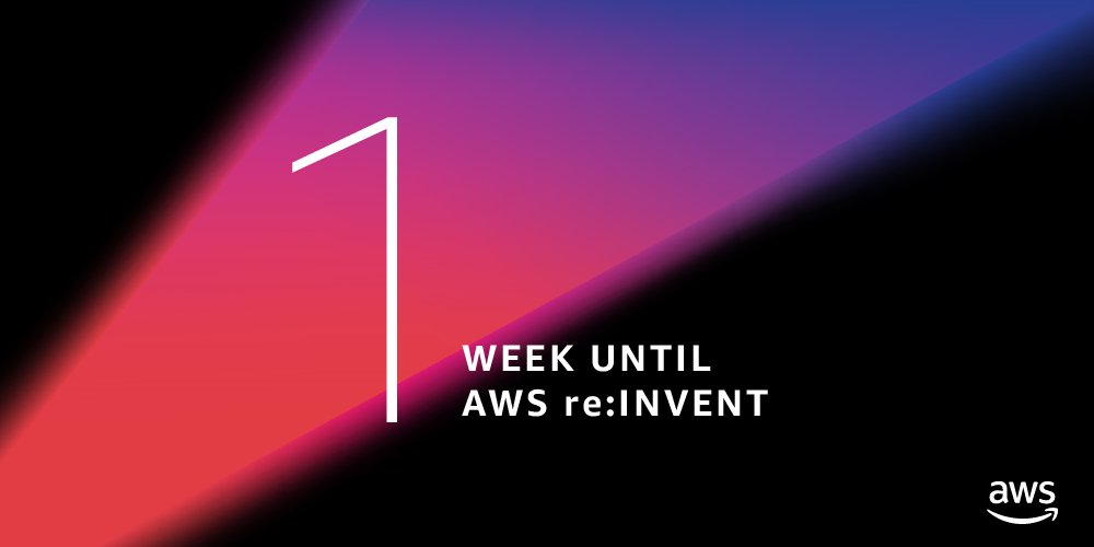 Just one more week until AWS #reInvent! We cannot wait to see you! Not attending? Make sure to tune in on the AWS Twitch channel amzn.to/2qUC2dD and follow along with <a href="/AWSreInvent/">AWS re:Invent</a>! amzn.to/2qNwjpF