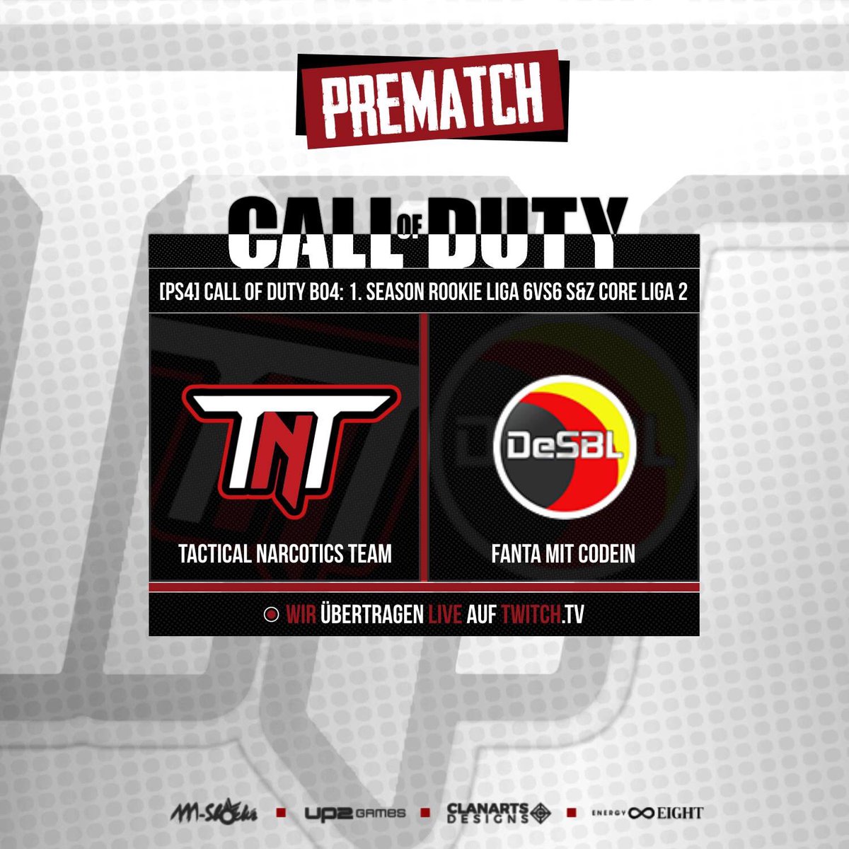 TNTeSports's tweet photo. ► #CallOfDuty - Unser PS4 Squad startet heute um 21 Uhr in die Rookie Liga der DeSBL. Gespielt wird 5v5 Core S&amp;D. Der erste Gegner lautet "Fanta mit Codein". Die Maps werden erst durch ein Bannverfahren freigeschaltet.

https://t.co/sidNOPwhLV
https://t.co/AdTmR7RFQC https://t.co/9mWi8zPicc