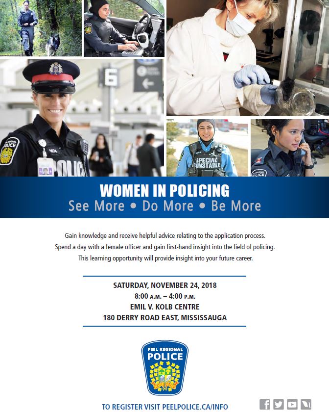 PeelPolice's tweet photo. Have you ever considered policing as a career choice? Join us for an upcoming recruiting session for women -  a unique opportunity to visit different units and learn from women within our organization about their career paths. Register here: https://t.co/eE7KJL8rfo https://t.co/SZb7LkvGWW