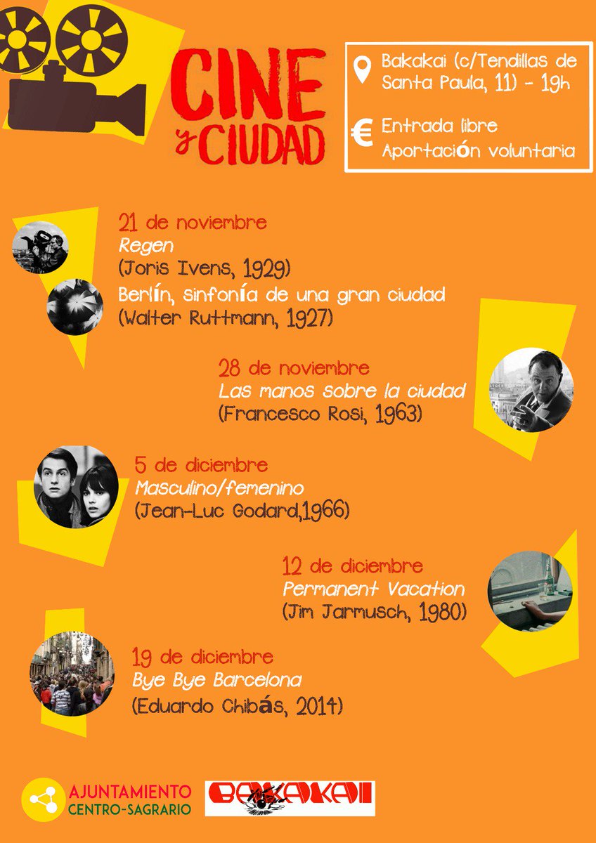 A lo largo de noviembre y diciembre traemos el Taller de Cine y Ciudad en colaboración con Bakakai- librería centrifugadora de avisos

Serán todos los miércoles a las 19h en el espacio La Idea, anexo a Bakakai

¡¡Os esperamos!!

#CineyCiudad #AjuntamientoCentro #Bakakai