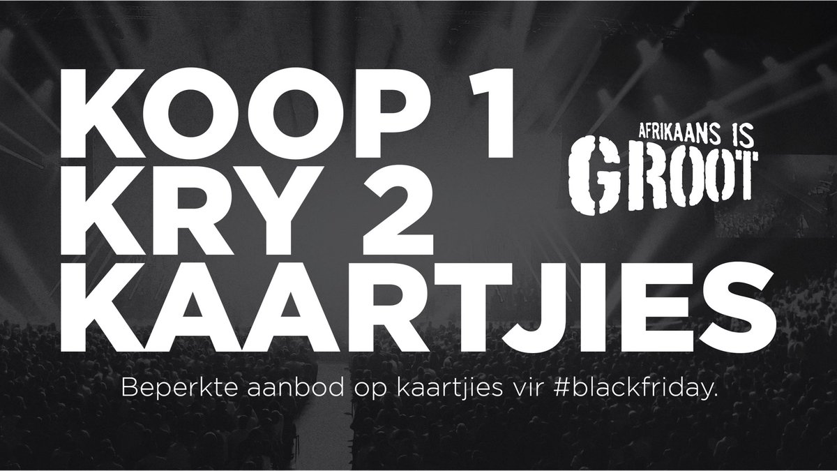 Hier is goeie nuus. Daar is 'n #blackfriday aanbod op AiG-kaartjies vir die konsert van 29 Nov. 19:30.  Die eerste 200 kaartjies wat in die R350 prysklas verkoop word kry 2 kaartjies vir die prys van 1. Nou dít is 'n winskopie. Moet nie uitmis nie. Slegs by <a href="/Computicket/">Computicket</a>.