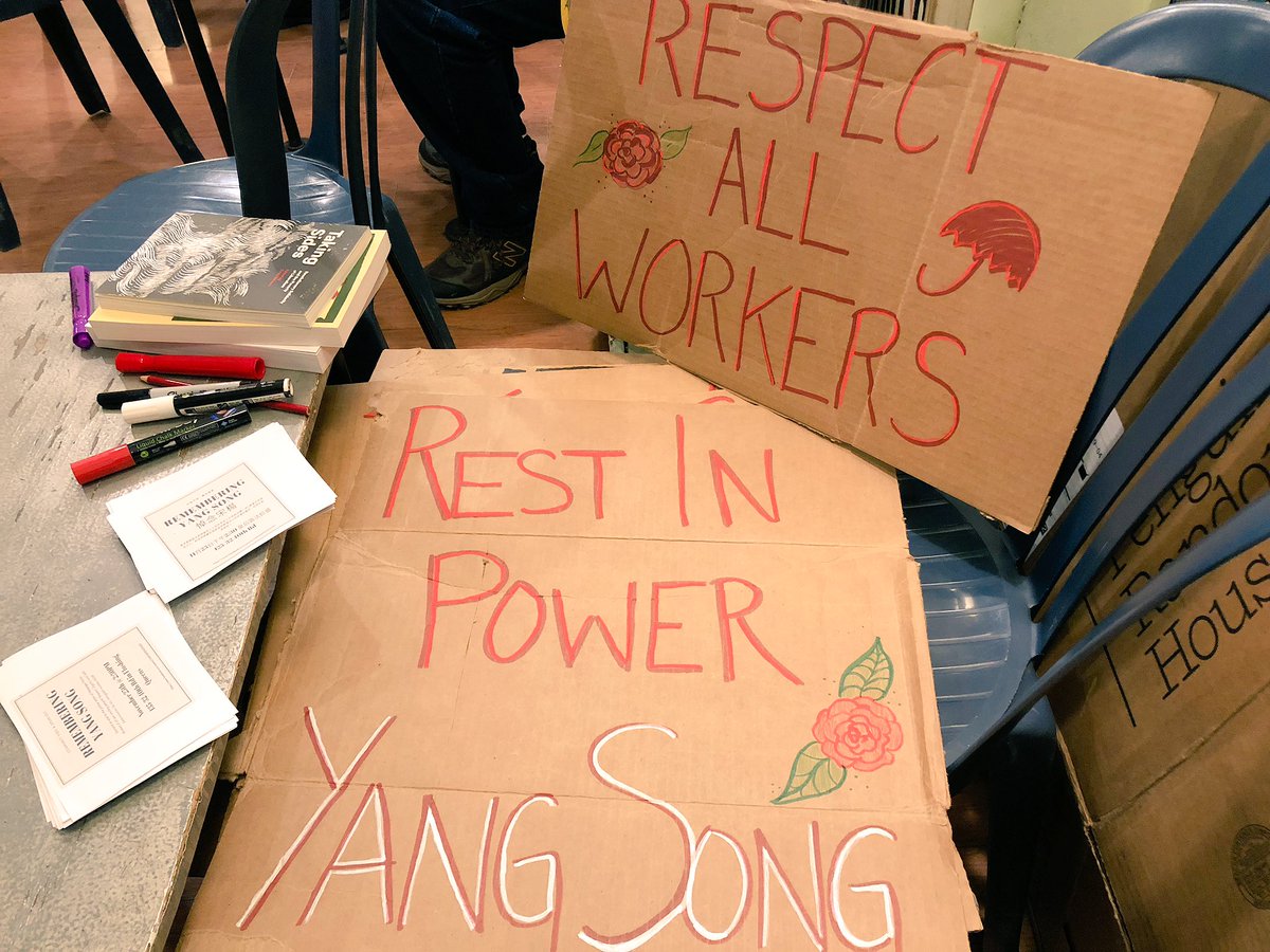 supporthosechi's tweet photo. Wonderful community building tonight @bluestockings while sign-making for the 11/25 vigil to #RememberYangSong and demand #JusticeForYangSong ❤️ https://t.co/uStEkI6XFE