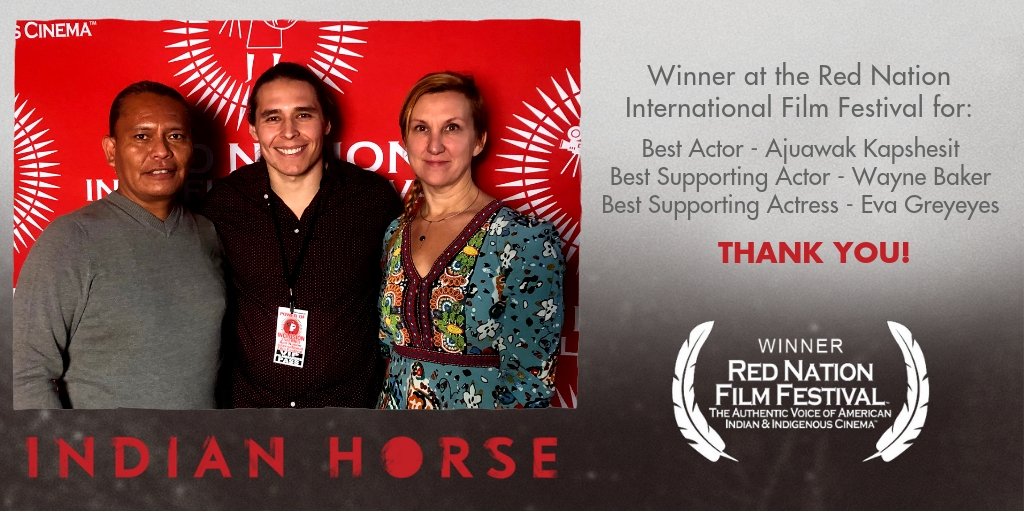 IndianHorseFilm's tweet photo. 3 of our actors won awards @ the Red Nation International Film Festival!
#RNIFF2018
Best Actor - @Ajuawak Kapshesit
Best Supporting Actor - #WayneBaker
Best Supporting Actress - #EvaGreyeyes
Thanks to @NDNCinema for screening our film & for supporting Indigenous film! https://t.co/ySBf0Lot7U