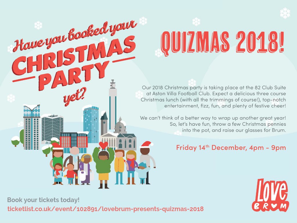 BRUMMIE_PJ's tweet image. Hey @BrumHour 

Anyone still looking to book their Merry Chrimbo party? If so, why not book a place at @LoveBrumUK's Quizmas event at @AVFCOfficial 

Dec 14th. Imagine jumpers, quizzes, good grub and booze (OH AND RAISING ££ FOR LOCAL PROJECTS) and you're there.. 

#brumhour