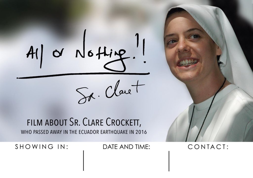SandymountHouse's tweet photo. This coming Friday (23rd November) we are having a Film Night at Sandymount. 
‘All or Nothing’ a fascinating documentary showing the amazing real life story of Sr Clare Crockett. 
7pm start with refreshments on the night. https://t.co/SWzpqi9ExW