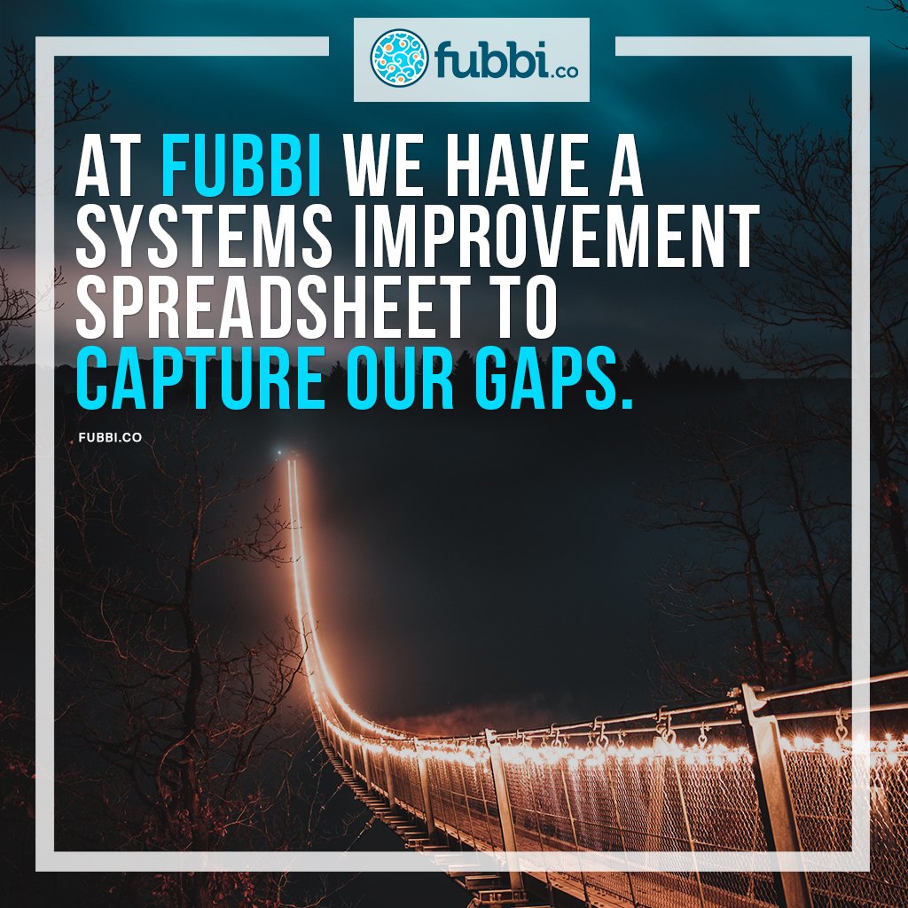 FubbiCo's tweet photo. At Fubbi we have a Systems Improvement spreadsheet to capture our gaps. #traditionalmarketing #leadgeneration #seomarketing #digitalstrategy #socialmediapromotion #contentmarketing #contentcreator #fubbico https://t.co/AdzmCBtg7f