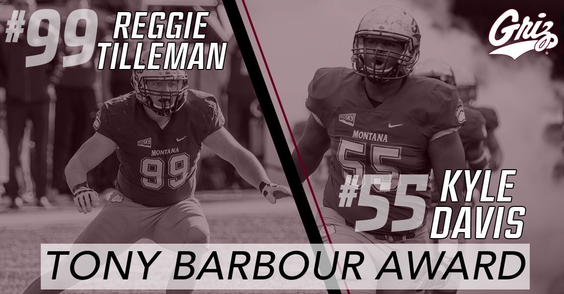 MontanaGrizFB's tweet photo. The next award is about true leadership. 

Your 2018 Tony Barbour Award for the players who best represent Grizzly Football are Reggie Tilleman and Kyle Davis!

Congrats guys!

#GoGriz https://t.co/pA3esnAEpq