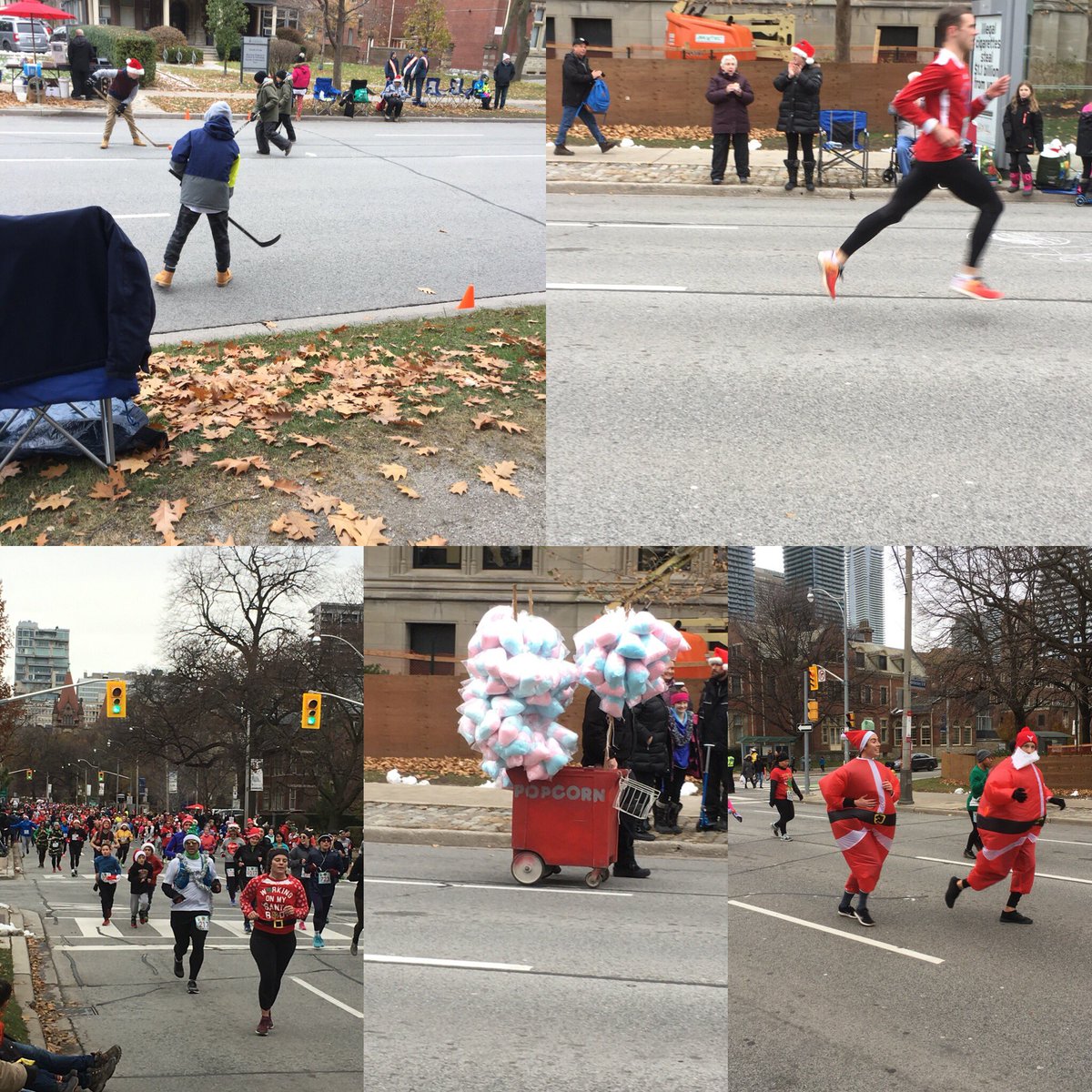 Waiting for the Toronto Santa Parade - OF COURSE there is street ball hockey and a road race! Totally entertained!  #torontosantaparade