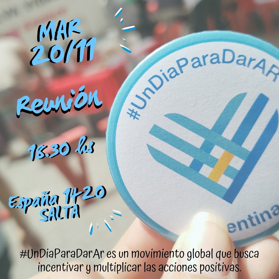 SumanVoluntades's tweet photo. Faltan pocos días para celebrar #UnDiaParaDarAr #givingtuesday en el mundo!💙✊
Reunión Martes 20/11 - 18.30hs - España 1420: SEDE CONSEJO PROFESIONAL DE CS. ECONÓMICAS SALA DEL CENTRO DE ACCIONES PARA LA PAZ (CAPAZ) 2do Piso - Salta Cap. 🙆‍♀🌎✨
 @UnDiaParaDarAR @GivingTuesday https://t.co/fq7XU0TvtV