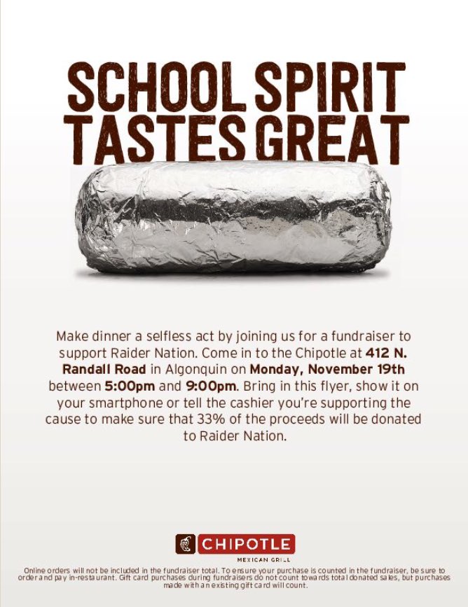 RaiderNationHHS's tweet photo. ❗️❗️❗️Calling all RAIDER NATION! Come out to Chipotle tomorrow, November 19th to support our HHS student section! Just show the cashier this flyer or tell them you’re supporting Raider Nation! ⚪️⚫️🔴 https://t.co/uKmZqQovv9