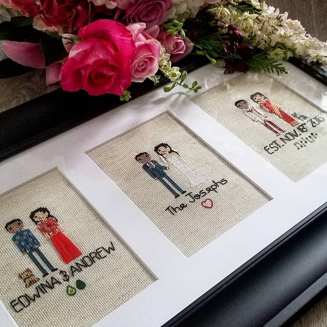 becoproductions's tweet photo. Finally able to share this custom piece I've been working on for a while now. Gifted today to a lucky wife in North York 😊💍💐❤
.
One couple. Three ceremonies. 
Champs lol
.
#anniversary #wedding #portraitpage #cotton #becoproductions #art #crossstitch https://t.co/QzBC5n2uvr