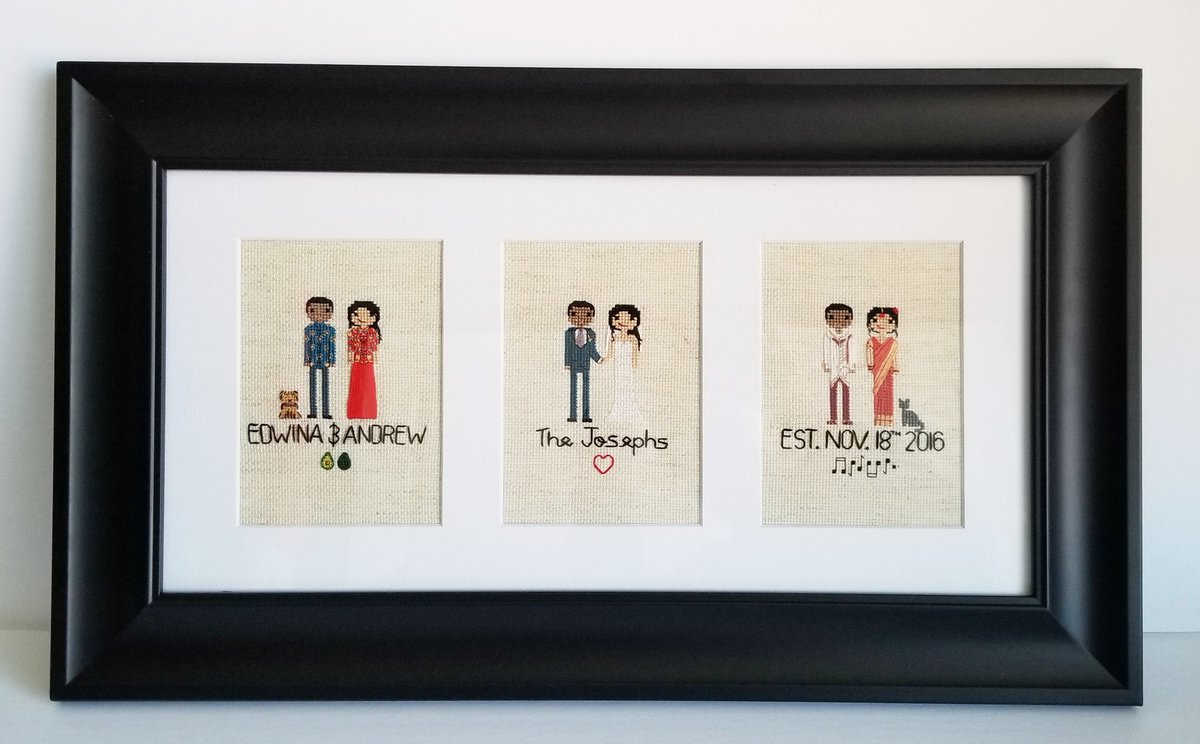 becoproductions's tweet photo. Finally able to share this custom piece I've been working on for a while now. Gifted today to a lucky wife in North York 😊💍💐❤
.
One couple. Three ceremonies. 
Champs lol
.
#anniversary #wedding #portraitpage #cotton #becoproductions #art #crossstitch https://t.co/QzBC5n2uvr