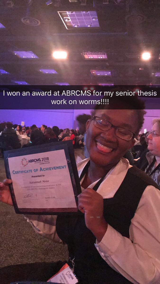 katymoyeese's tweet photo. Wow I won an #ABRCMS2018 award on my senior thesis on the comparison of egg coat construction mechanisms among vertebrate egg coat and the worm eggshell. Worms are the coolest and I came to show everyone just that!! I am so happy! #scientistsofcolor https://t.co/veRy5hZs9D