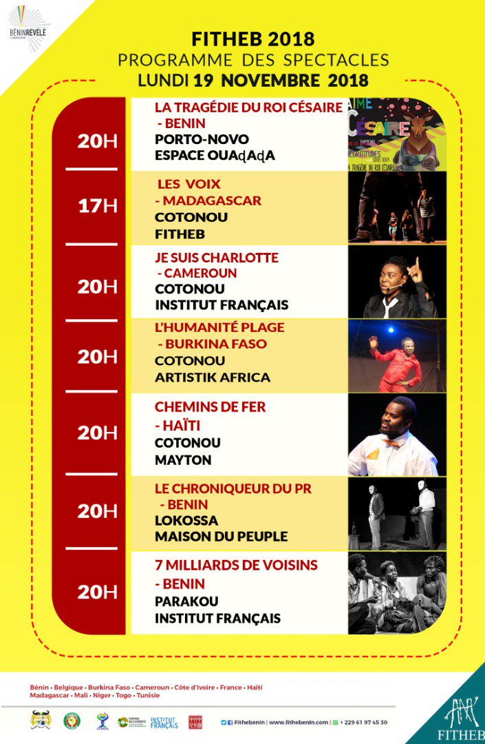 Programme Fitheb de la journée du 19 Novembre 2018
#Culture #Wasexo #Afrique #DigitalBenin #Benin, #FITHEB2018 #team229, #fitheb
<a href="/Koaci/">koaci.com</a> <a href="/KonbiniFr/">Konbini</a> <a href="/koboudeleon/">Léon Anjorin KOBOUDE</a> <a href="/afpfr/">Agence France-Presse</a> <a href="/AP/">The Associated Press</a> <a href="/PresidenceBenin/">Présidence du Bénin</a> <a href="/YDakoudi/">Yves  DAKOUDI</a> <a href="/koboudeleon/">Léon Anjorin KOBOUDE</a> <a href="/PresidenceBenin/">Présidence du Bénin</a> <a href="/ACTU_BENIN_INFO/">ACTU BENIN INFOS</a> <a href="/ab_benin/">Blogueurs du Bénin</a>