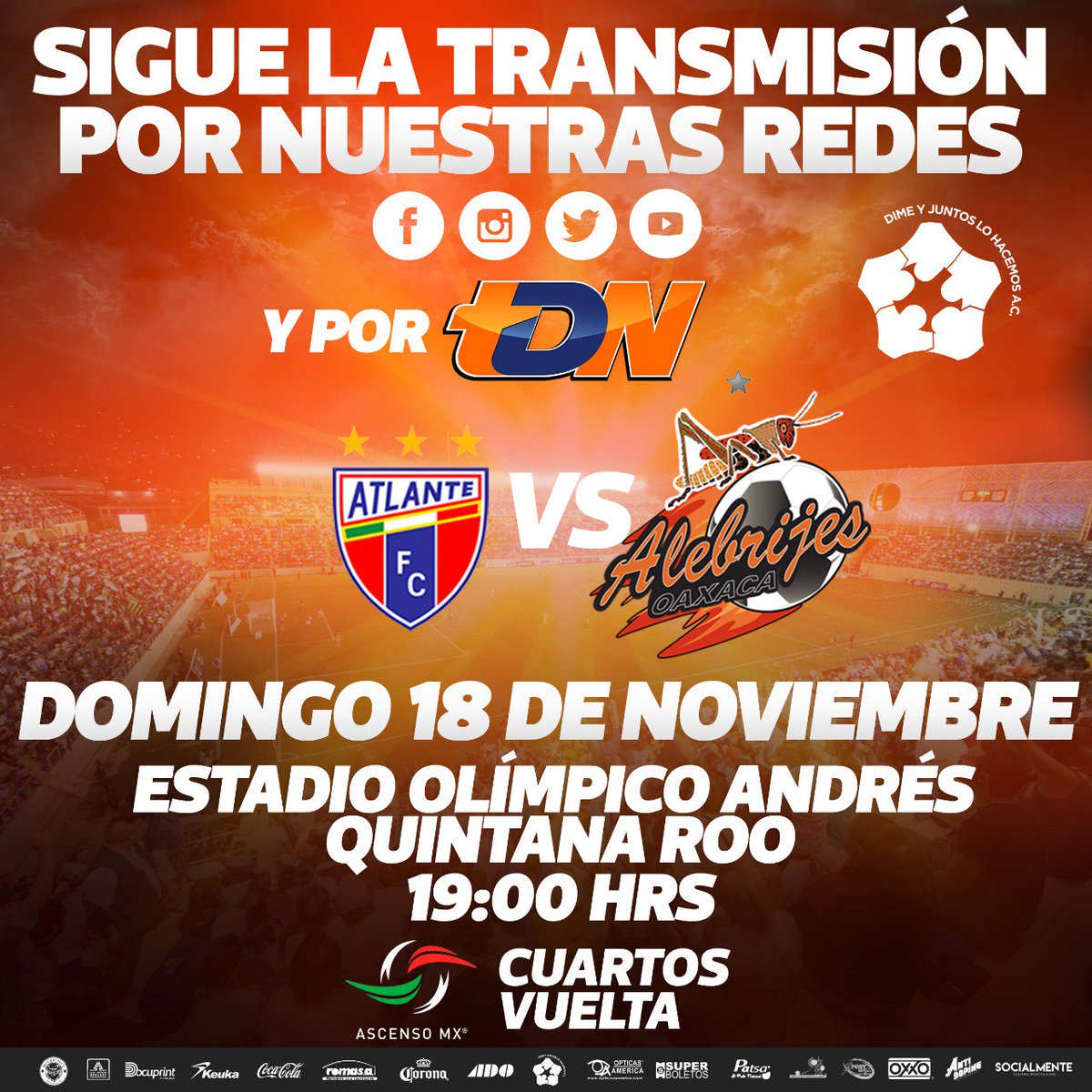 AlebrijesOaxaca's tweet photo. SIGUE LOS DETALLES EN NUESTRO TWITTER OFICIAL
Apóyanos desde cualquier lugar en el duelo 🆚 @Atlante sigue los detalles en nuestro #TwitterOficial
📺 @tdn_twit
🏟️ Andrés Quintana Roo
⏰ 19:00hrs.
#AlebrijesDePrimera🖤🧡🦗⚽️ https://t.co/E3pbgTKd5s