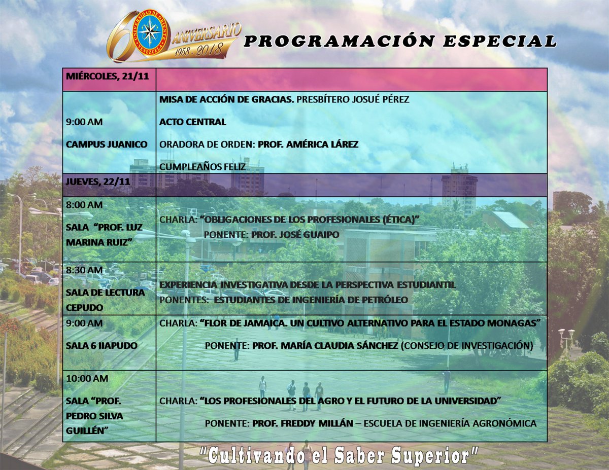 ComunicacionUDO's tweet photo. La Delegación de Comunicación Corporativa del Núcleo de Monagas, tiene el honor de invitarlos a las actividades programadas para conmemorar el 60 aniversario de la Universidad de Oriente. Tu asistencia es importante, para que la UDO continúe "Cultivando el Saber Superior". https://t.co/2lE2oHfEG3