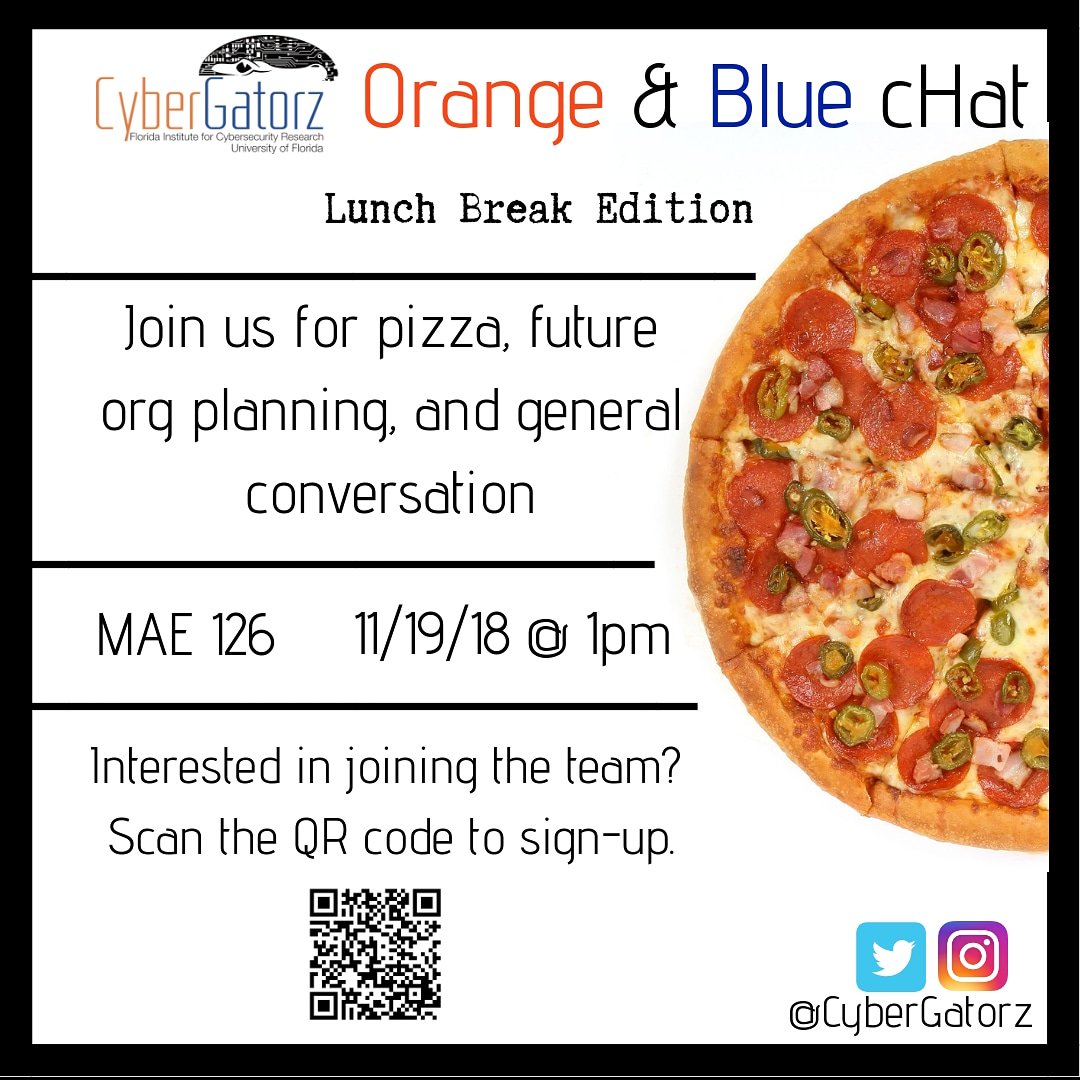 CyberGatorz's tweet photo. Lunch is on us! #cybergatorz #uf2018 #OBcHat https://t.co/yWbMZ22xx0