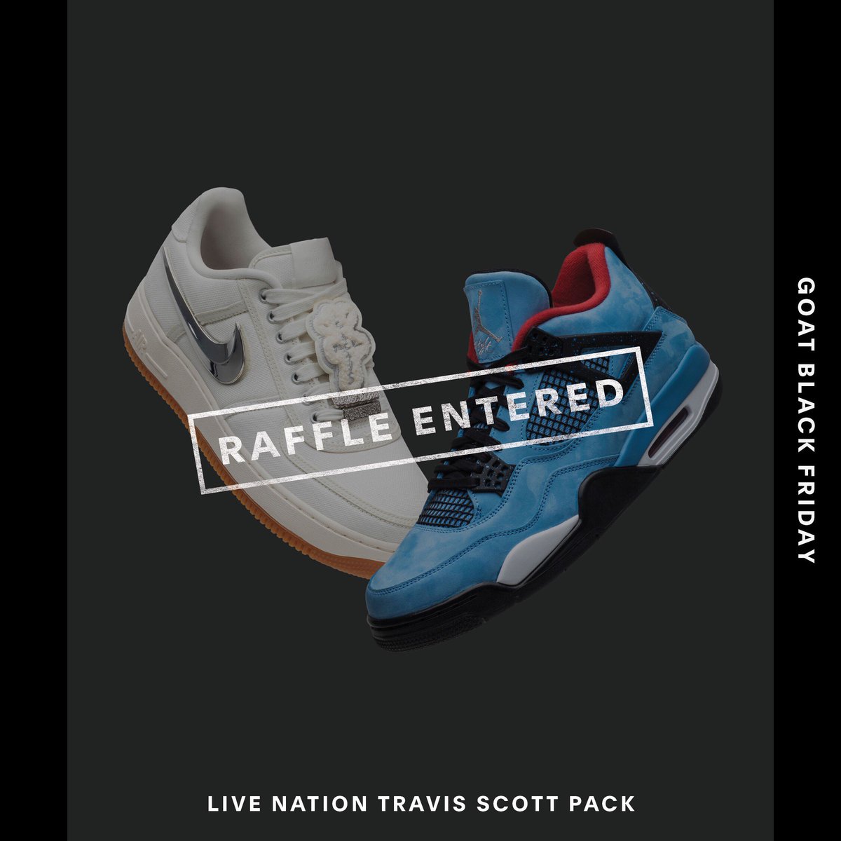 8inaliter's tweet photo. Enter to win the exclusive Travis Scott Pack including the Travis Scott Jordan 4 'Cactus Jack,' Air Force 1 'Sail' and a $1,000 Live Nation® Gift Card. #GOATBlackFriday @goatapp https://t.co/CSOQ5zSqdk https://t.co/ii2eIi4rCL