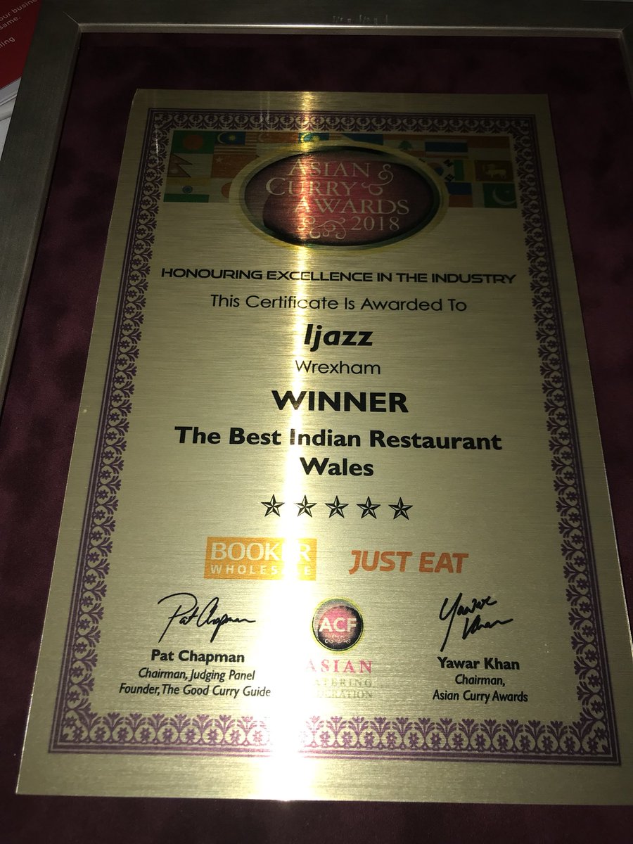 ijazzwrexham's tweet photo. Thank you very much for your loyal support finely Ijazz win THE BEST INDIAN RESTAURANT WALES AWARDS 2018 @AsianCurryAward !!!🎉🎉👊👊 https://t.co/sHrs8k2EJS