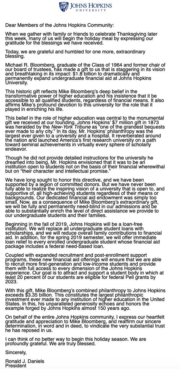 deniswirtz's tweet photo. Email from @JohnsHopkins President Ron Daniels sent to the JHU community, announcing the historic gift of $1.8 billion by Michael Bloomberg. https://t.co/xWdGnEJhzG