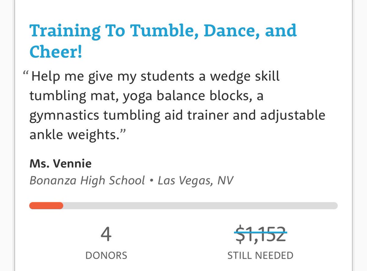 _BonanzaDance's tweet photo. https://t.co/1jPAHG3DhL
I want to make sure my students have the materials and experiences they need to succeed, so I just created a request for my classroom at https://t.co/1jPAHG3DhL: Training To Tumble, Dance, and cheer https://t.co/ECuFHfD1xt