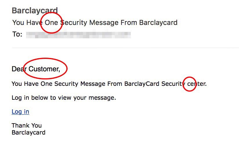 scamscour's tweet photo. Barclaycard #scam email is easy to spot. Note Americanised lowercase spelling of ‘center’, lack of customer name and branding - as well as bogus sender domain. @Barclaycard never communicates in such an impersonal, erratic manner. Do not click link, block sender and delete. https://t.co/9ywQ1skoqP