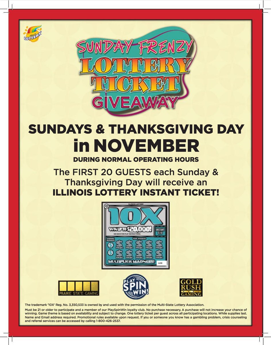 PlaySpinWin's tweet photo. Sunday Frenzy Lottery Ticket Giveaway In November! First 20 guests at each of our location every Sunday in November will receive a $2 instant lottery ticket! https://t.co/Ib1dszYx6j