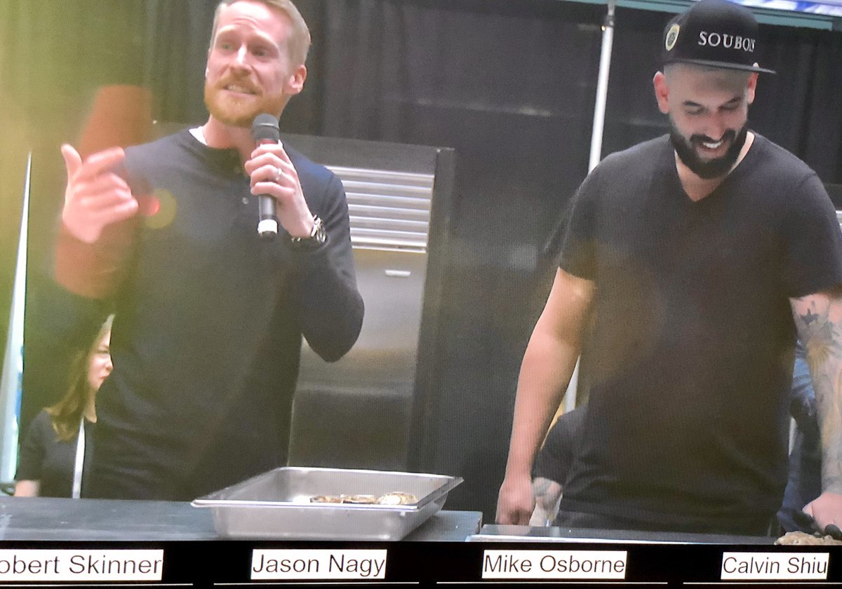 GAYWhistler's tweet photo. #shuckYEAH it’s the @TheBearfoot World Oyster invitational #cornucopia2018 w/ @jonmonty as emcee; defending champ #ChefJasonNagy and the #gaynamicduo tasting the #caesarSunday + Oysters #sawmillbay yum 😋 https://t.co/ozsUTs0frm