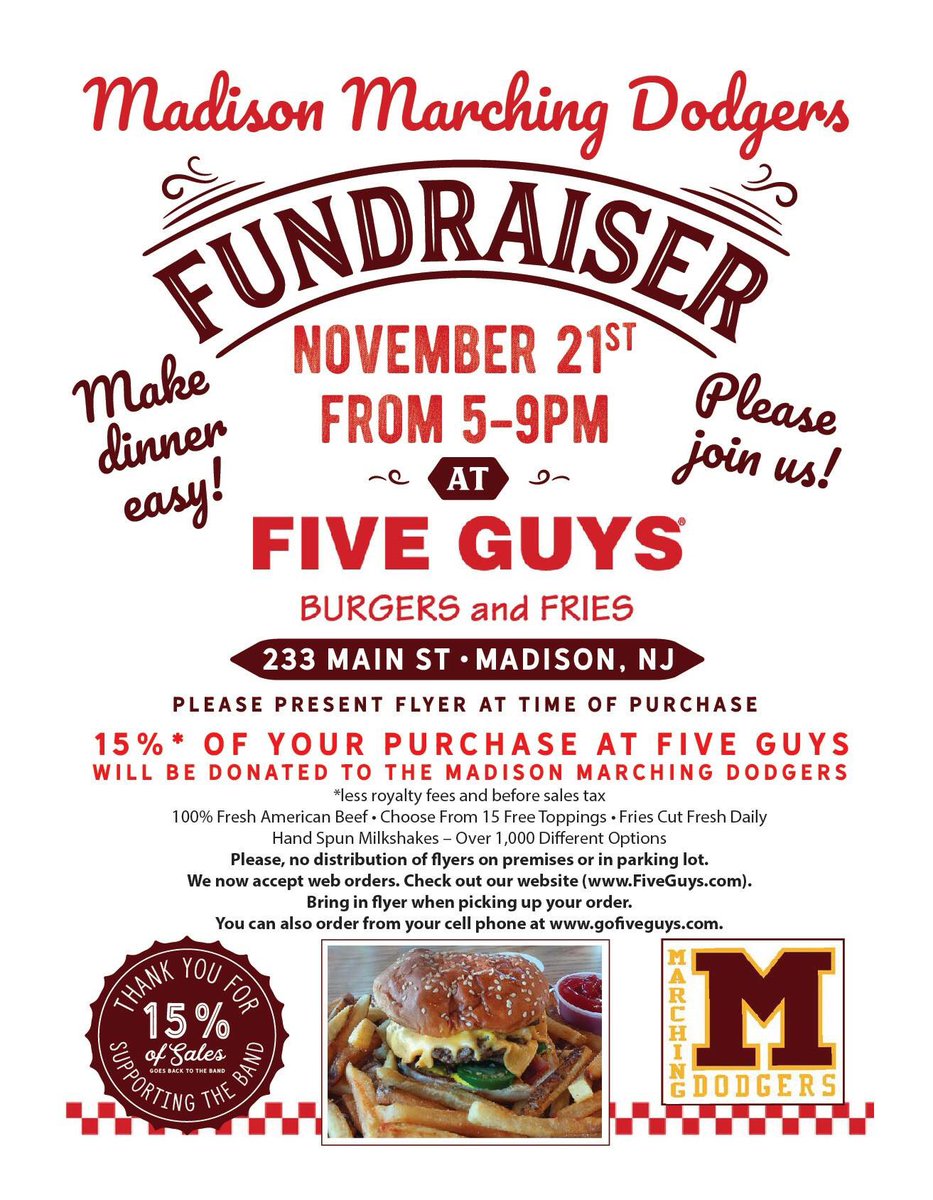 MarchingDodgers's tweet photo. Save the cooking for Thanksgiving &amp; come out the night before to support our Mighty @MarchingDodgers by grabbing dinner @FiveGuys in Madison on Wed between 5-9 pm! Please join us, bring a copy of this flyer &amp; big thanks in advance!! #DodgerSpirit #bandfamily #thanksforyoursupport https://t.co/emPNZKzyiE