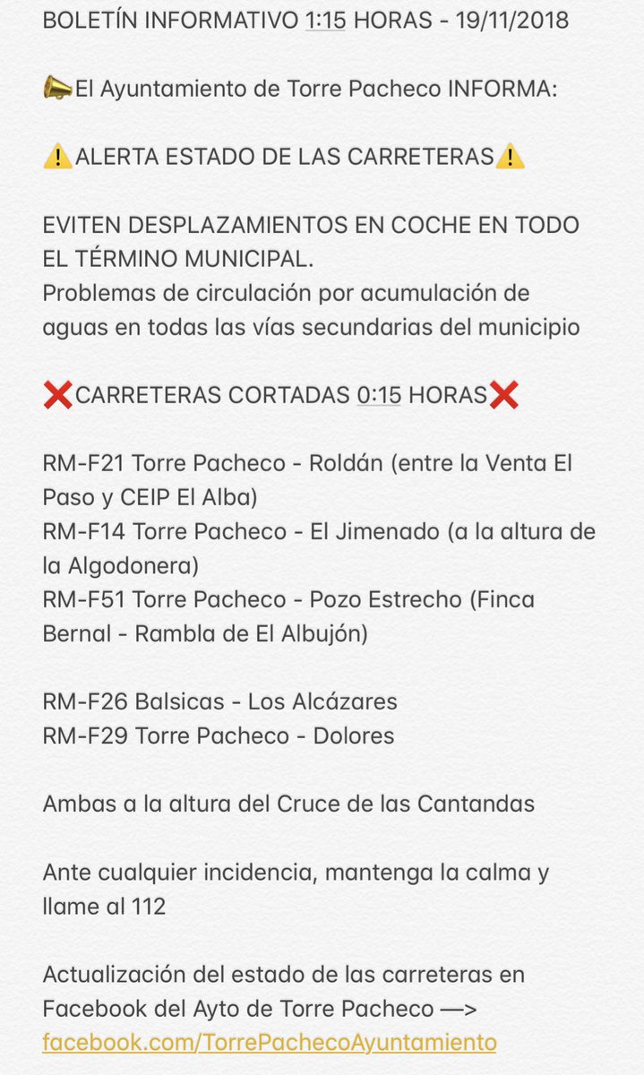 Actualización estado de las carreteras en el término municipal <a href="/Fomento_RM/">FomentoRM</a> <a href="/policiaTP/">PL Torre Pacheco</a> <a href="/PCivilTPacheco/">Protección Civil Torre Pacheco</a> <a href="/112rmurcia/">112 Región de Murcia</a> #comparte