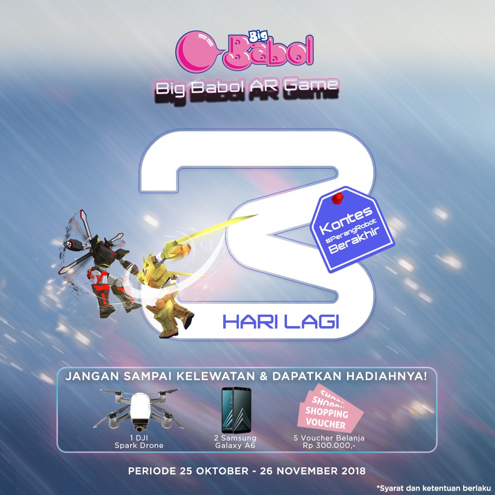 H-3 Kontes foto #PerangRobot berakhir, Fren! Pastiin kamu udah ikutan karna ini kesempatan terakhir buat dapetin hadiah-hadiah keren dari Big Babol! Yakin mau melewatkan gitu aja? #BigBabolARGame