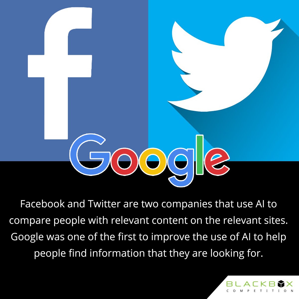 BoxCompetition's tweet photo. #FactOfTheDay!
"Facebook And Twitter Are Two Companies That Use AI To Compare People With Relevant Content On The Relevant Sites." #AI #IOT #ArtificialIntelligence #BlackBoxCompetition  #Facebook #Twitter  #Google #Competition
 #RelevantSites #RelevantContent  #DIT #LPU https://t.co/pD1q6JW6DM