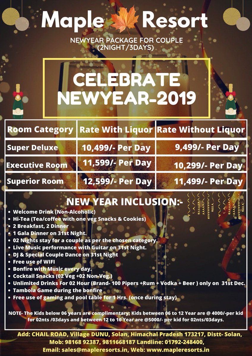 MAPLERESORTS's tweet photo. ☃️❄️ #CHRISTMAS EVE 2018 ❄️☃️

Here is a little sneak peak of what you can enjoy this Christmas at Maple Resort, Chail!
Don’t forget our booking system is open and tickets can be purchased online now! Don’t miss out on our sell out event!
CALL NOW: 9816892387

#christmasparty https://t.co/jxR3VZXxro
