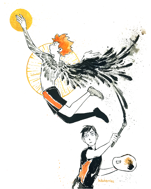 an ink painting of hinata jumping to spike. he has a tattoo of a wing pattern on one side of his back, which is exploding out into a stylistic wing on the other side; a streak of ink leads from the feathers to a paintbrush, which is held by kageyama.