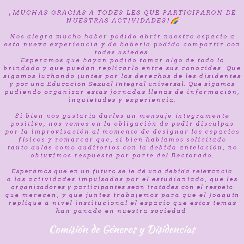 generojvg's tweet photo. ¡MUCHAS GRACIAS A TODES LES QUE PARTICIPARON DE NUESTRAS ACTIVIDADES!🌈 https://t.co/UFHoYLBRbM