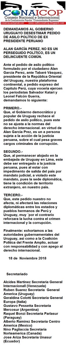 sur_contacto's tweet photo. PRONUNCIAMIENTO DE CONAICOP RESPECTO AL ASILO POLITICO PETICIONADO POR ALAN GARCIA AL.GOBIERNO URUGUAYO,Alan Garcia es un preso comun por delitos economicos https://t.co/QkkU2aMy4f