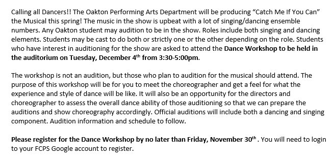 Are you interested in trying out for "Catch Me if You Can?" Come to the Dance Workshop on December 4! You will need to register here: goo.gl/forms/SKD4tPEL….