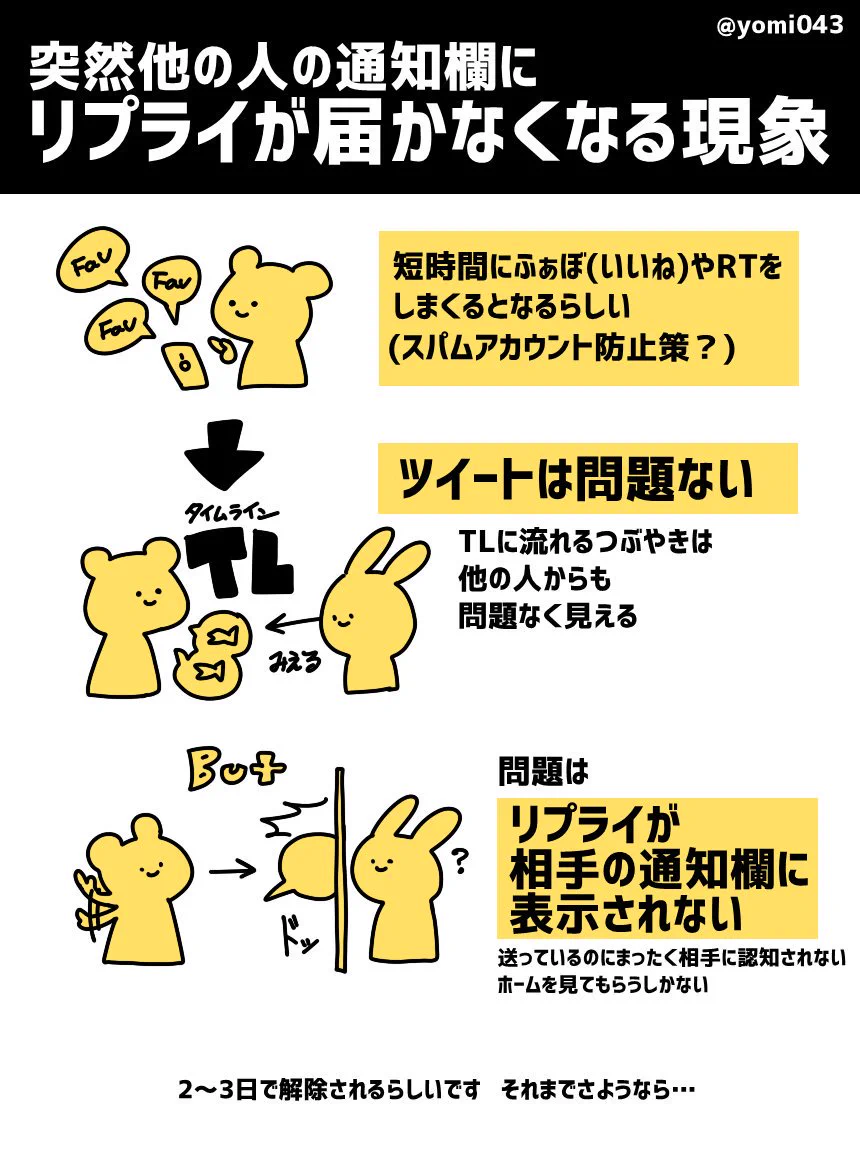 他の人の通知欄にリプが届かない！それって短時間のイイネやRTが原因かも…！