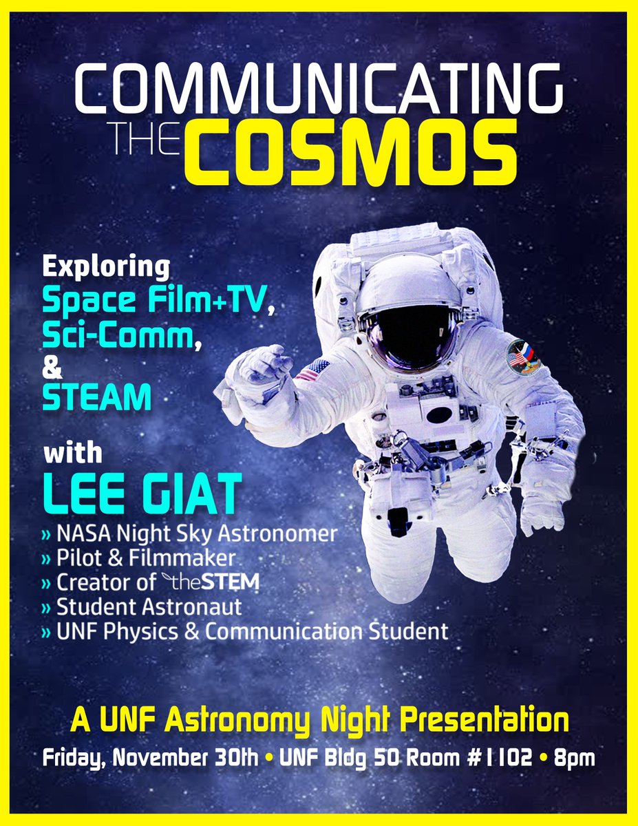AstroDirector's tweet photo. I'm giving a talk at @UofNorthFlorida about my cosmonaut training in Russia with @XplorStation and @TheSpaceGal 👨🚀
The event is followed by an Astronomy Night on the roof of the science building!! 🔭✨
Be sure to RSVP on Facebook: https://t.co/hVeYzkQB48 https://t.co/lxpmJZlRwc